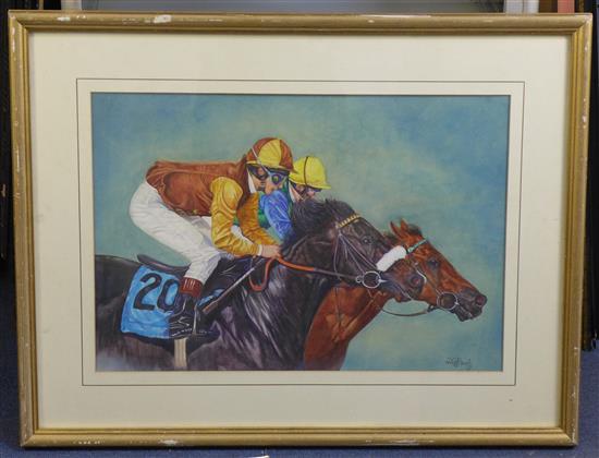 D.G. Poole (20th C.) Horse racing scene; Young Senor (Walter Swinburn) and Doctor Devious (Willy Carson), Tattersalls Stakes 1991 35 x